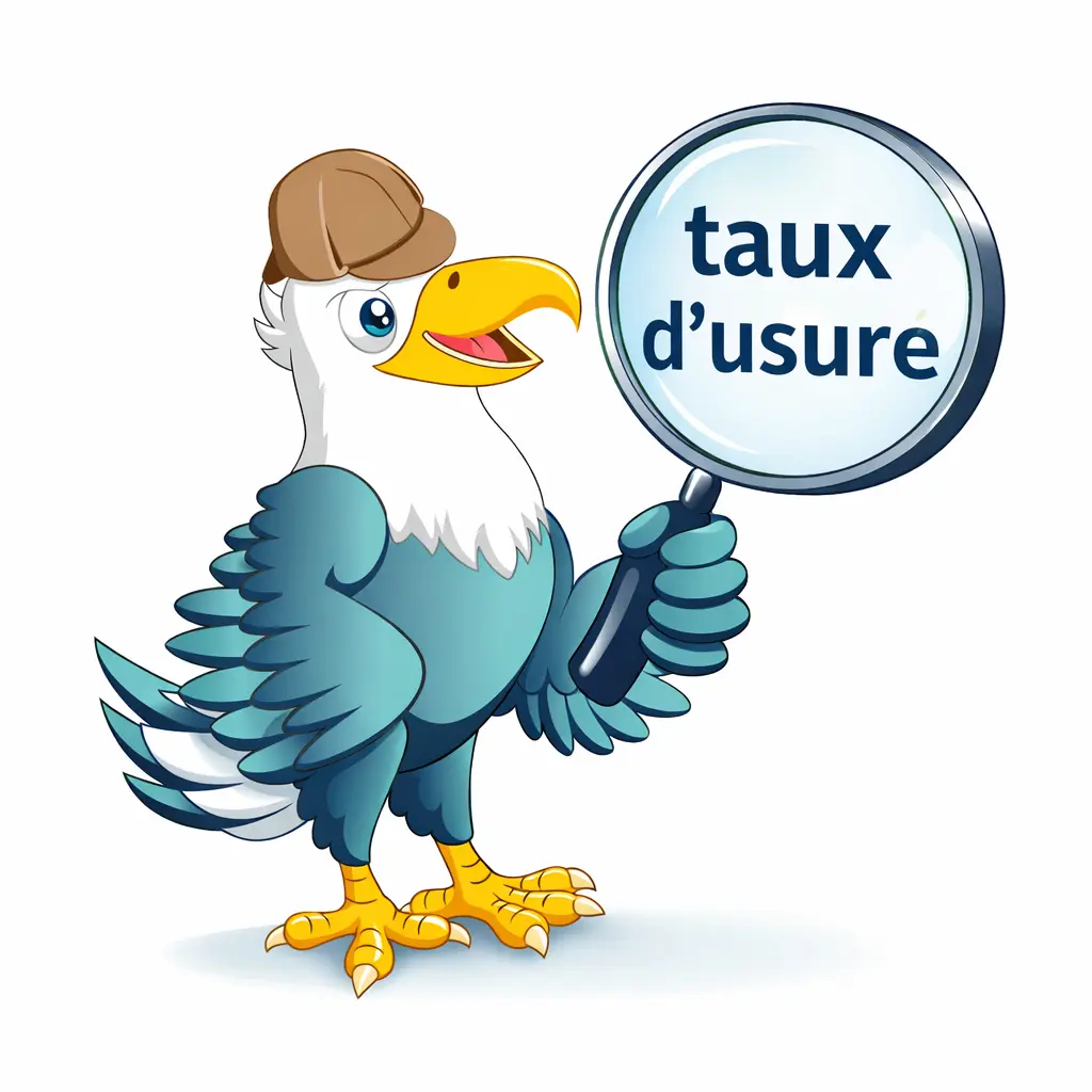 Aigle détective avec loupe mascotte courtier credit immobilier observant le taux d usure avec une loupe
