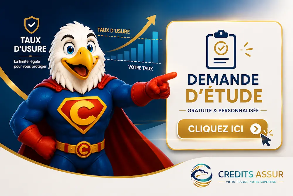Mascotte Crédits Assur invitant à demander une étude gratuite pour vérifier l'impact du taux d'usure sur un projet de crédit immobilier.