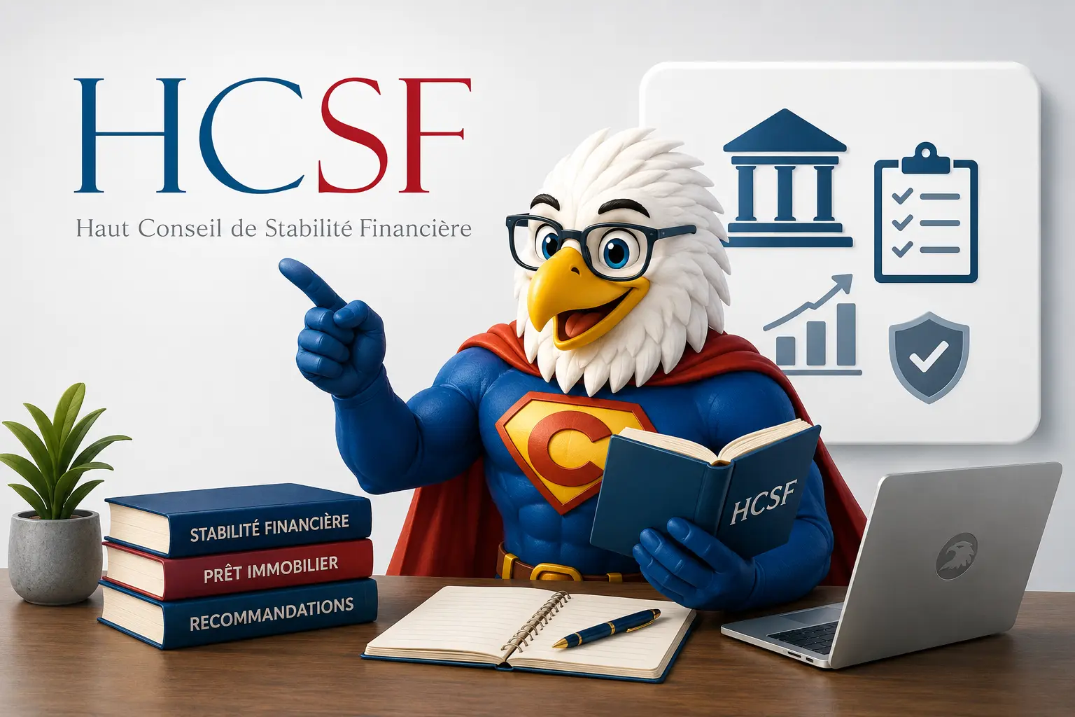 Mascotte CREDITS ASSUR présentant le HCSF et les règles du prêt immobilier