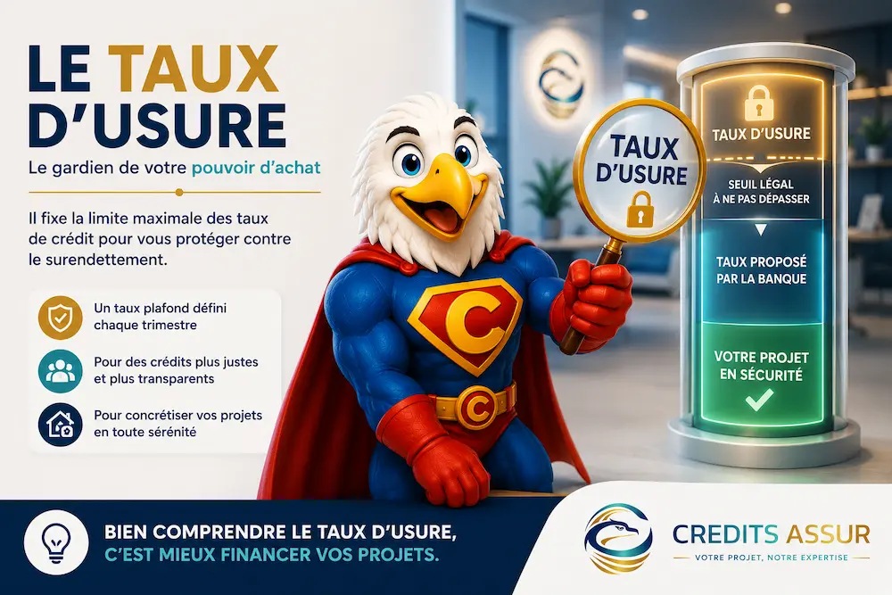Mascotte Crédits Assur expliquant le fonctionnement du taux d'usure et son impact sur l'obtention d'un crédit immobilier.