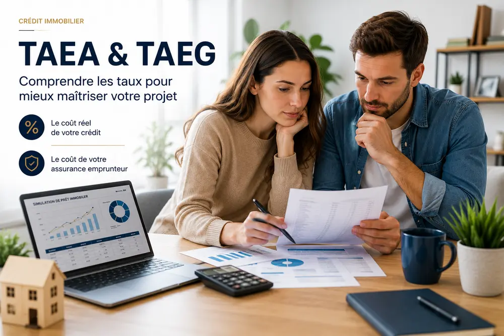 Couple analysant le coût réel d’un crédit immobilier avec le TAEA et le TAEG