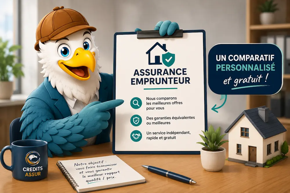 Mascotte CREDITS ASSUR réalisant un comparatif d’assurance emprunteur pour analyser le TAEG et le TAEA