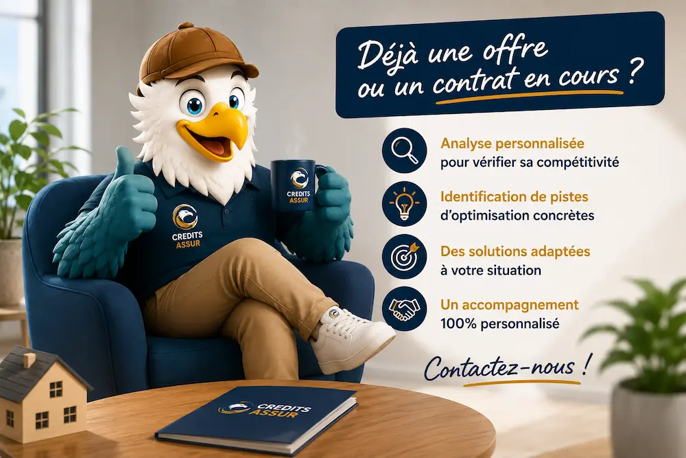 Mascotte CREDITS ASSUR proposant une analyse personnalisée d’assurance emprunteur pour optimiser le TAEG et le TAEA