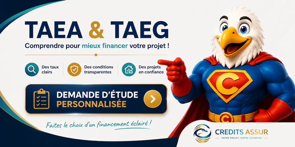 Mascotte Crédits Assur invitant à demander une étude personnalisée pour comparer le TAEA, le TAEG et optimiser son financement immobilier.