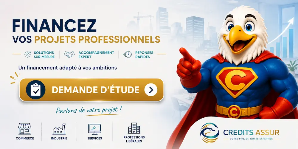 Mascotte Crédits Assur invitant les professionnels à demander une étude personnalisée pour financer leur projet d'entreprise.
