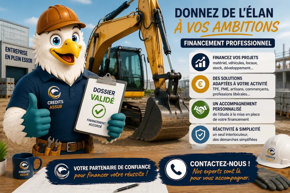 Mascotte aigle CREDITS ASSUR sur un chantier avec dossier de financement professionnel validé pour une entreprise.