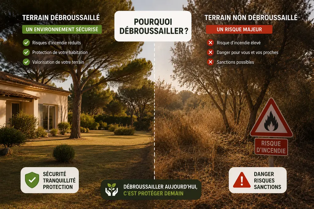 Comparaison entre un terrain débroussaillé sécurisé et un terrain non entretenu présentant un risque d’incendie