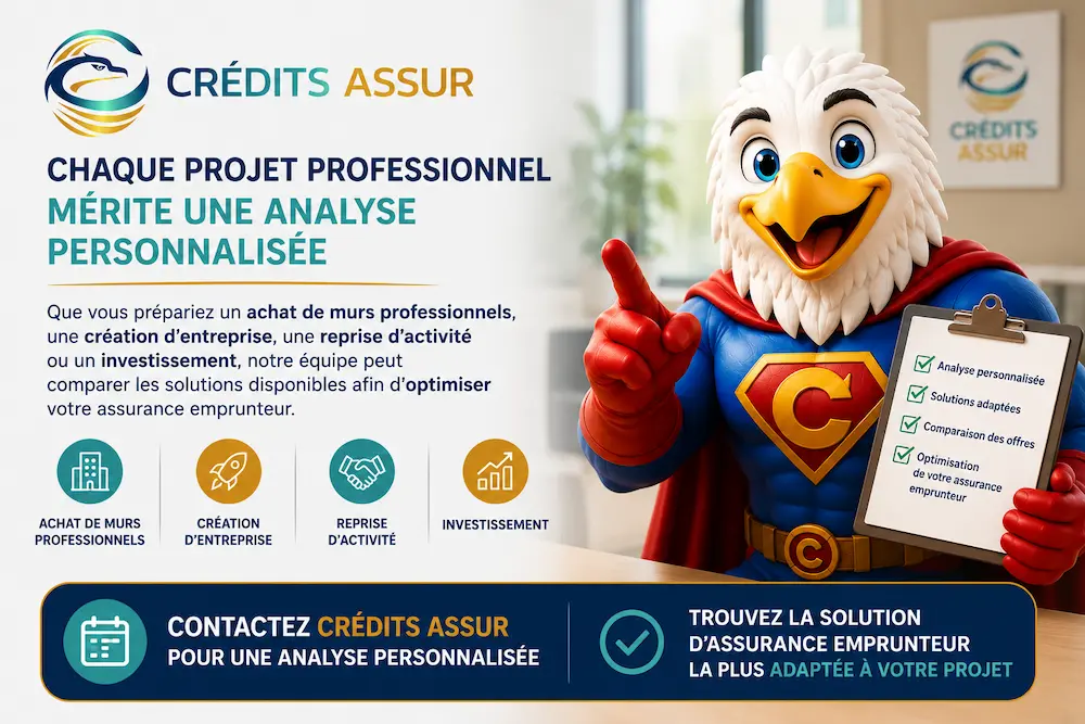 Mascotte Crédits Assur présentant une analyse personnalisée d'assurance emprunteur pour les professionnels et les dirigeants d'entreprise.