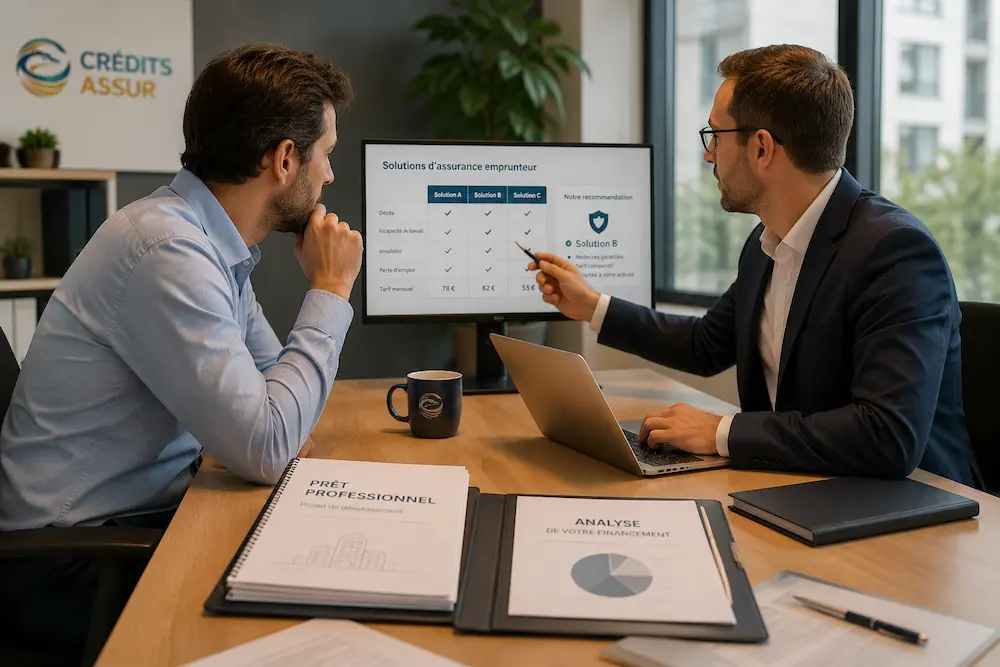 Dirigeant d'entreprise analysant différentes solutions d'assurance emprunteur avec un courtier spécialisé lors d'un rendez-vous professionnel.