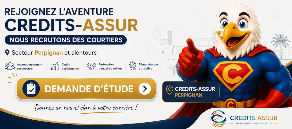 Mascotte Crédits Assur invitant les candidats à rejoindre l'équipe de courtiers à Perpignan et à demander un rendez-vous d'information.