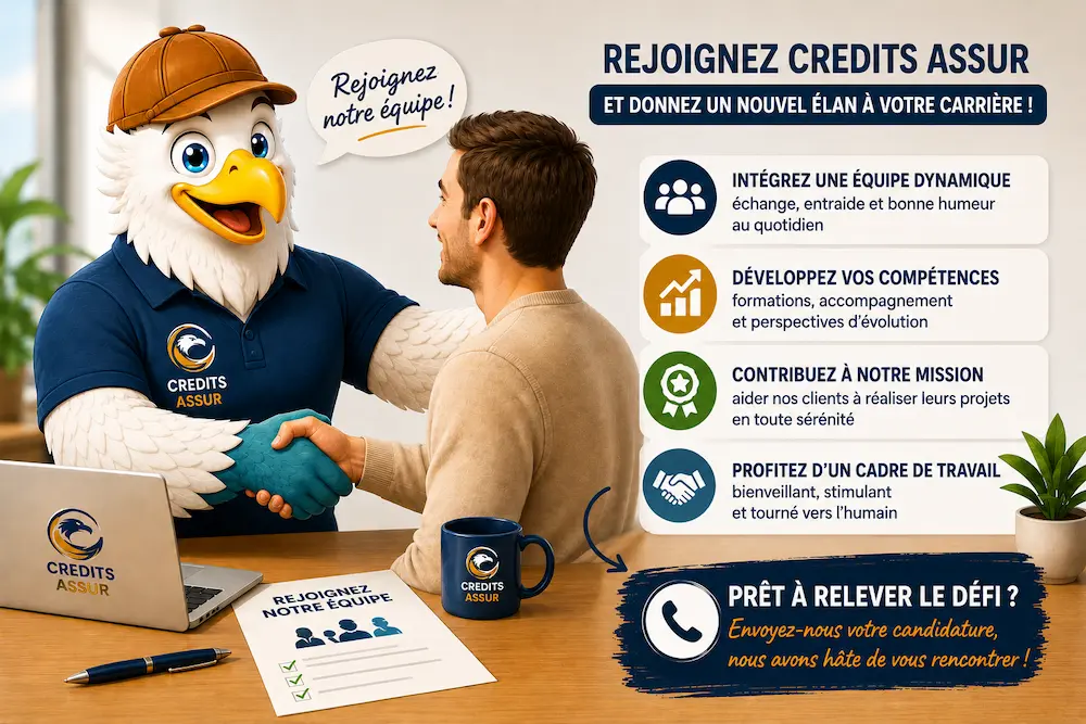 Mascotte aigle CREDITS ASSUR accueillant un nouveau collaborateur lors d'un recrutement de courtier en crédit et assurance à Perpignan.