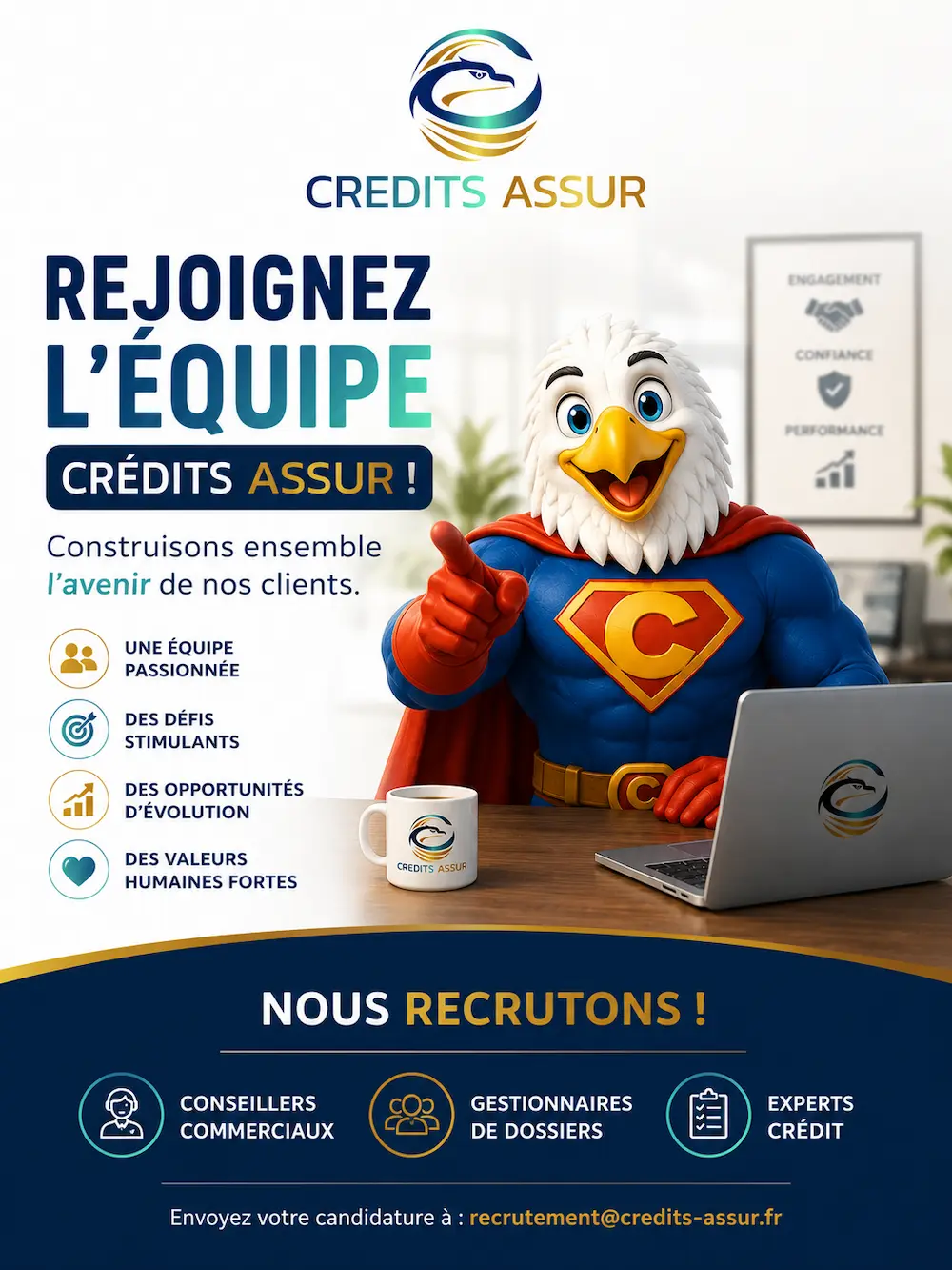 Mascotte aigle de Crédits Assur présentant les opportunités de recrutement au sein du cabinet de courtage en crédits et assurances à Perpignan.