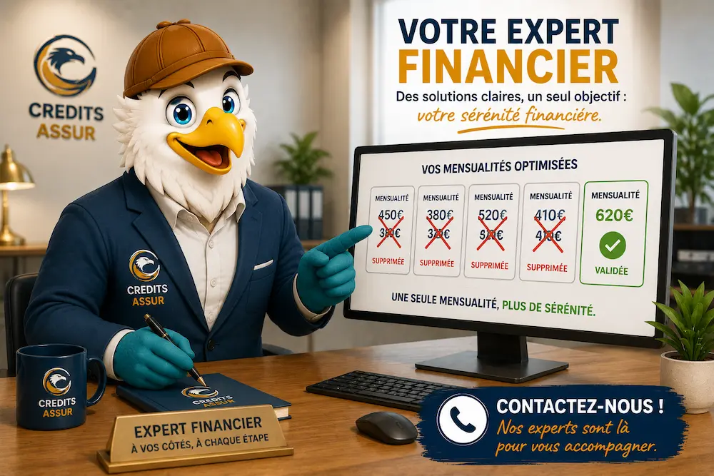 Mascotte aigle CREDITS ASSUR en expert financier présentant un regroupement de crédits avec plusieurs mensualités remplacées par une seule mensualité optimisée.