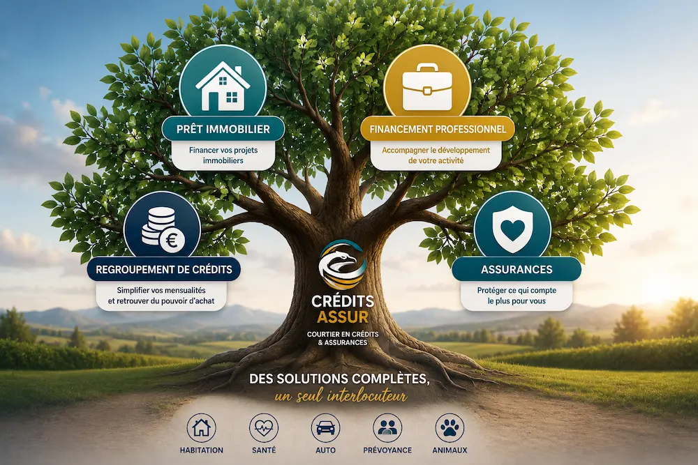 Arbre illustrant les différentes expertises de Crédits Assur en financement immobilier, financement professionnel, regroupement de crédits et assurances.