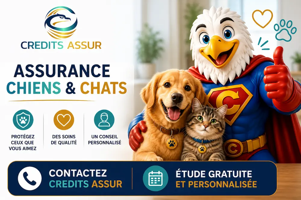 Mascotte Crédits Assur accompagnée d'un chien et d'un chat pour une étude gratuite et personnalisée d'assurance animaux.