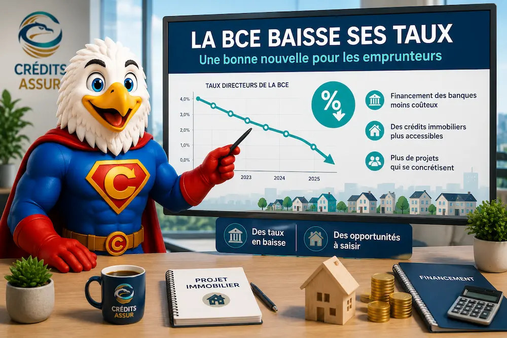 Mascotte Crédits Assur présentant la baisse des taux directeurs de la BCE et ses effets positifs sur le crédit immobilier.