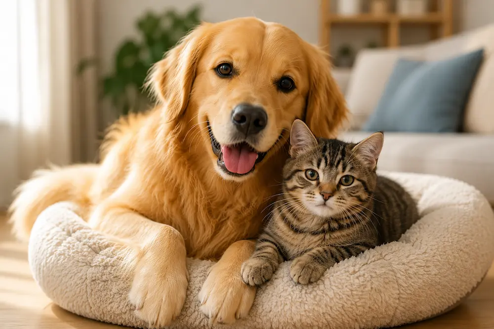 assurance-animaux-chien-chat-sante Chien et chat allongés ensemble dans un panier confortable représentant l'assurance santé pour animaux de compagnie.