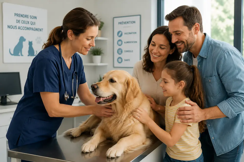 Famille accompagnant son chien chez le vétérinaire dans une ambiance rassurante et bienveillante