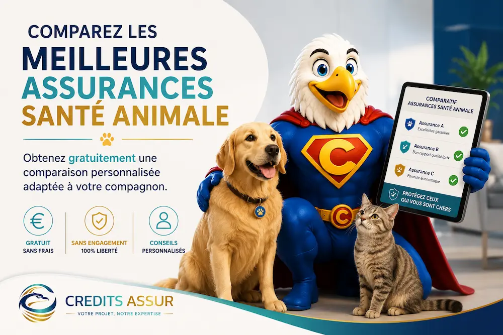 Comparatif gratuit d'assurance santé animale pour chien et chat avec la mascotte Crédits Assur accompagnant les propriétaires dans le choix des meilleures garanties.
