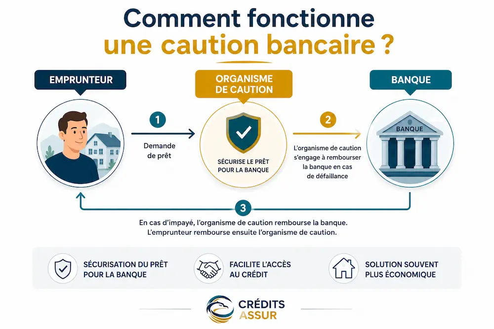 Schéma expliquant le fonctionnement d'une caution bancaire entre l'emprunteur, l'organisme de caution et la banque.