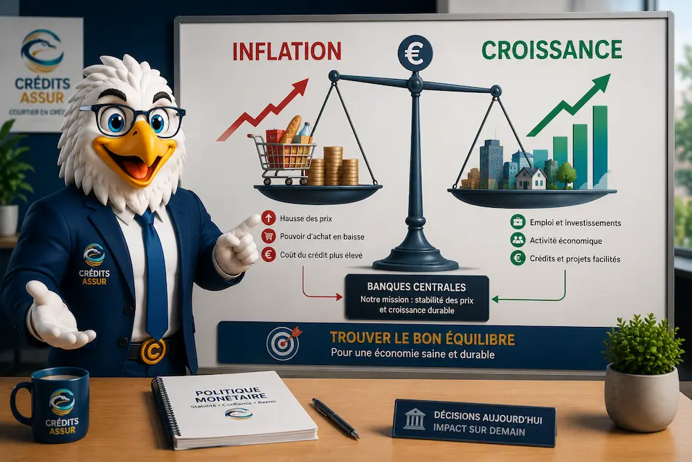 Mascotte Crédits Assur illustrant l'équilibre entre la lutte contre l'inflation et le soutien à la croissance économique.