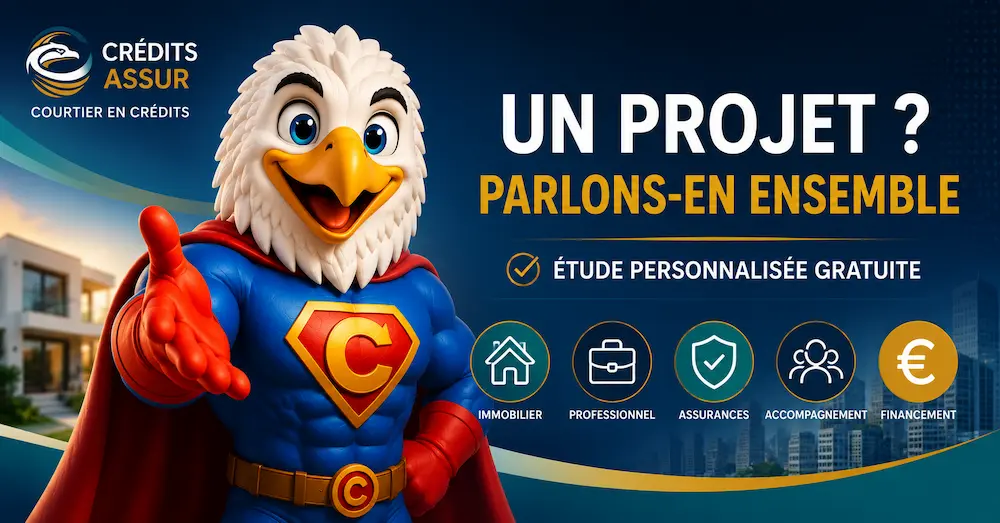Mascotte officielle de Crédits Assur invitant à bénéficier d'une étude personnalisée gratuite pour un projet de financement ou d'assurance.