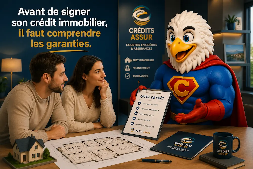 Mascotte CREDITS ASSUR présentant les garanties d'un crédit immobilier à un couple lors d'un rendez-vous de conseil.