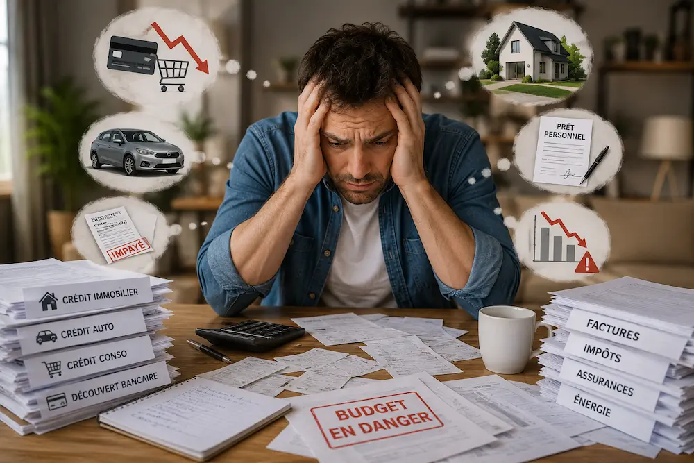 Homme dépassé par ses crédits, ses factures et son budget avant un regroupement de crédits