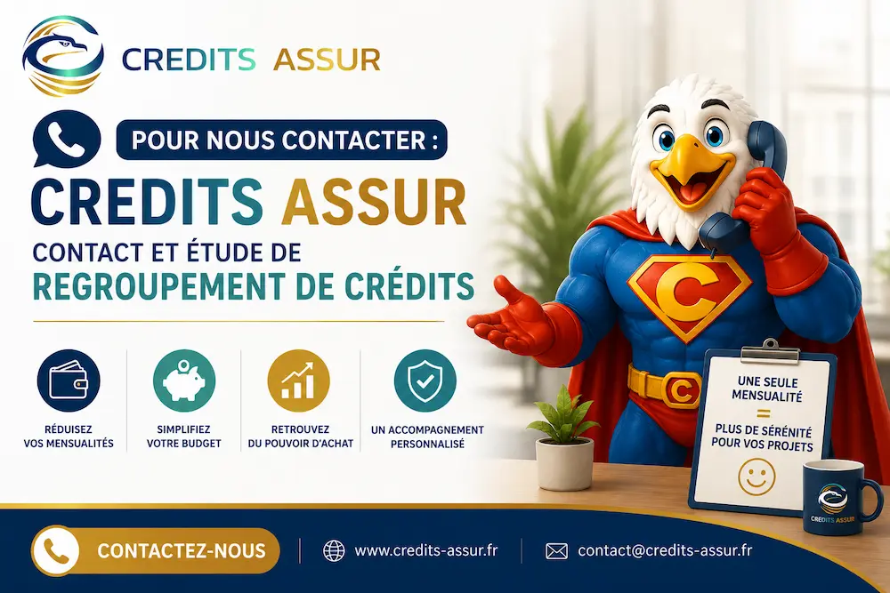 Mascotte officielle de Crédits Assur invitant à contacter un conseiller pour une étude personnalisée de regroupement de crédits.