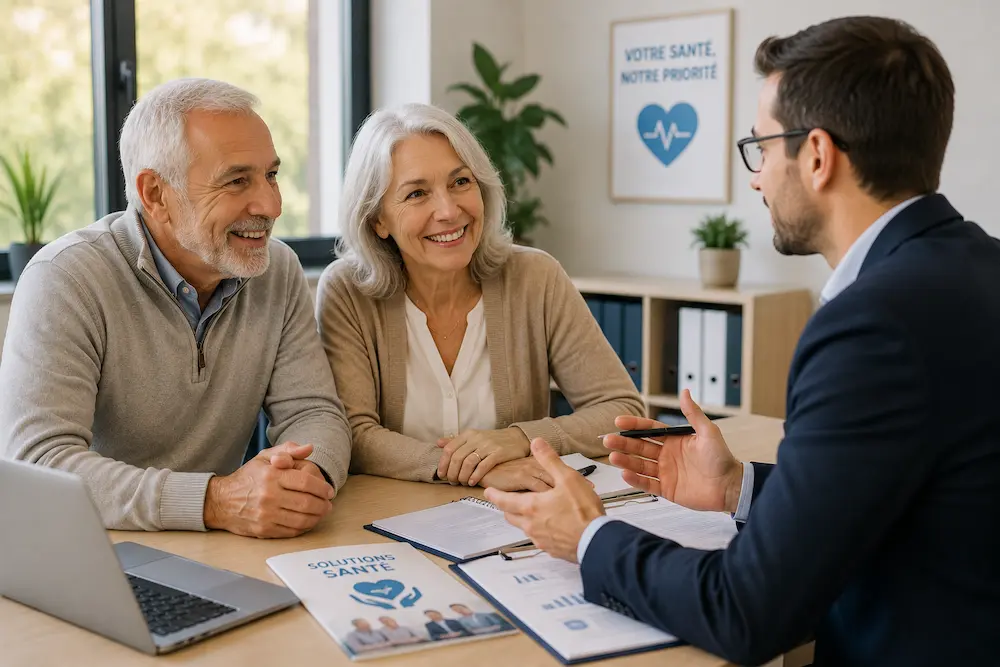 couple-senior-conseiller-mutuelle-sante Couple senior échangeant avec un conseiller pour choisir une complémentaire santé adaptée à ses besoins