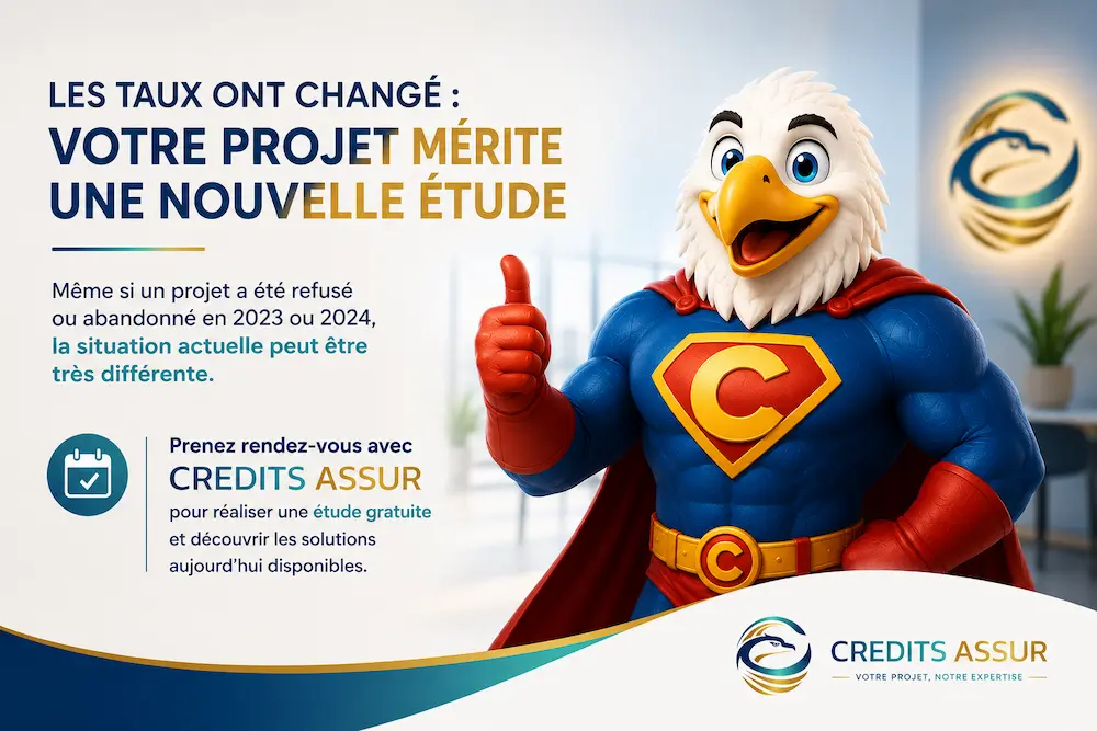 Mascotte Crédits Assur invitant à réaliser une nouvelle étude de prêt immobilier après la baisse et l'évolution des taux de crédit.