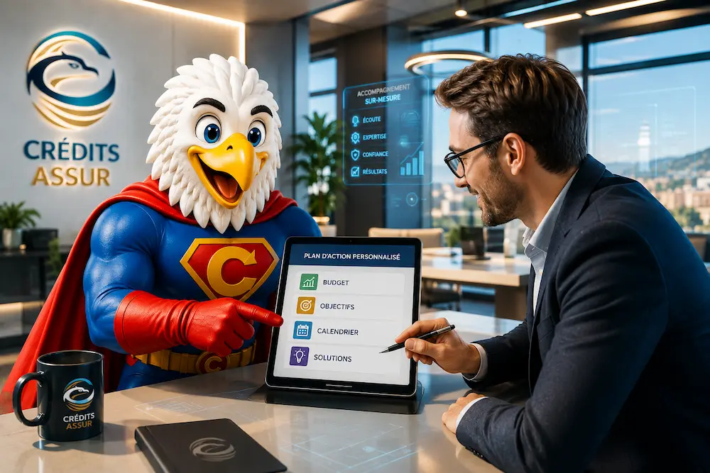 Mascotte CREDITS ASSUR accompagnant un client lors d'un rendez-vous personnalisé pour définir un budget, des objectifs et des solutions de financement.