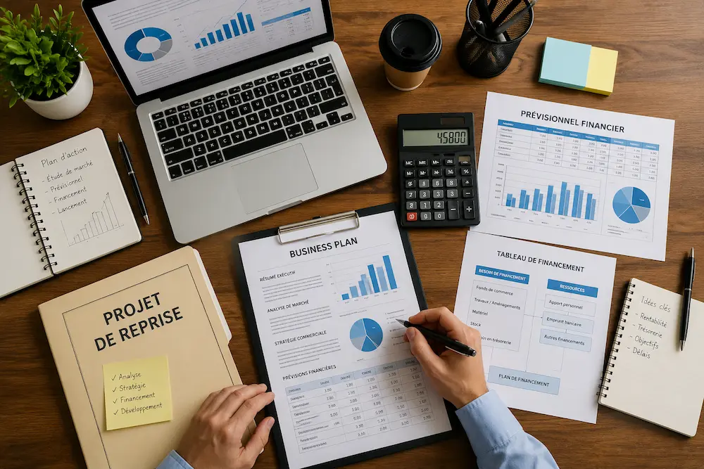 Préparation d'un dossier de financement professionnel avec business plan, prévisionnel financier et étude de reprise d'entreprise.