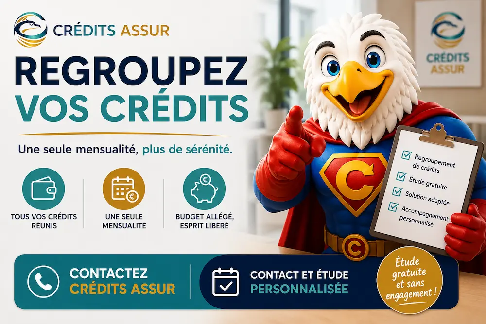 Mascotte CREDITS ASSUR présentant une solution de regroupement de crédits avec étude personnalisée et accompagnement sur mesure.
