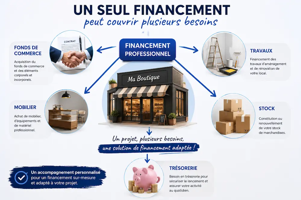 Schéma illustrant les différents besoins couverts par un financement professionnel : fonds de commerce, travaux, mobilier, stock et trésorerie.