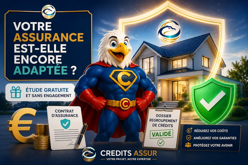 Mascotte CREDITS ASSUR protégeant une maison avec un bouclier lumineux pour vérifier si l’assurance emprunteur reste adaptée après un regroupement de crédits.