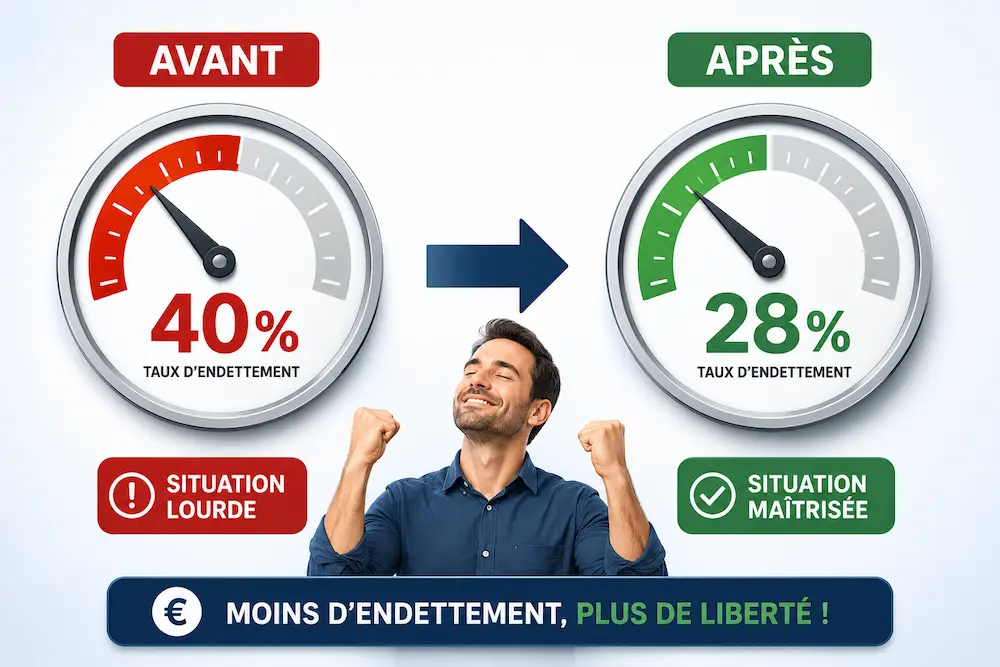 Illustration montrant la réduction du taux d'endettement de 40 % à 28 % grâce à un regroupement de crédits avec une mensualité adaptée.