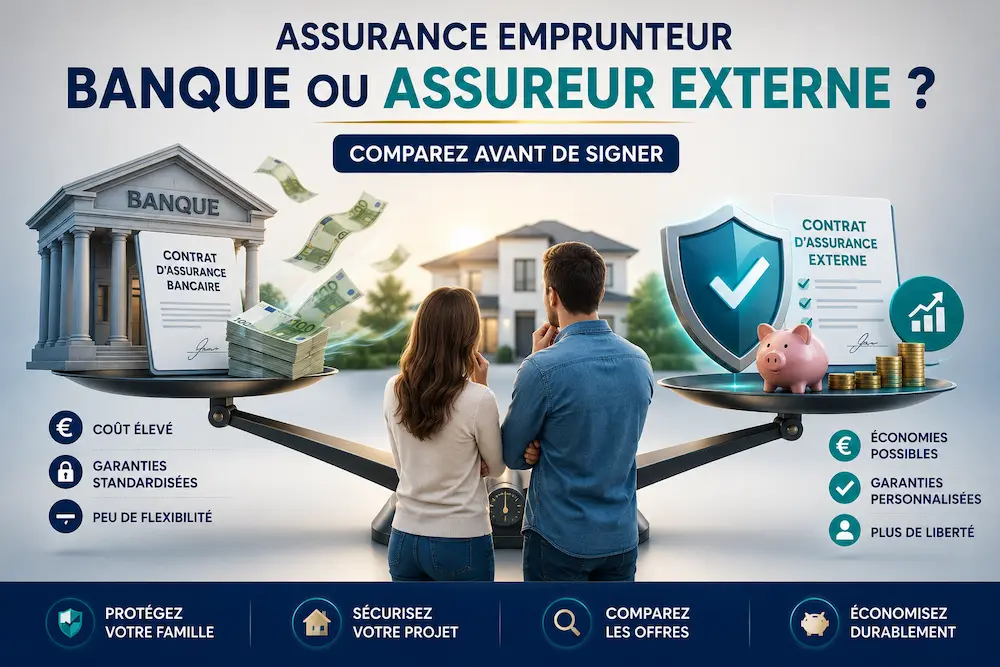 Comparaison entre assurance emprunteur bancaire et assurance externe pour un prêt immobilier.