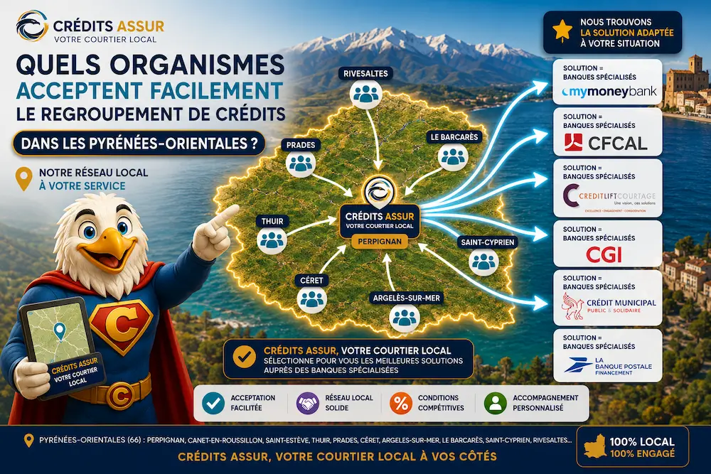 Carte des Pyrénées-Orientales mise en avant par la mascotte CREDITS ASSUR sélectionnant les meilleurs organismes de regroupement de crédits adaptés à chaque situation.