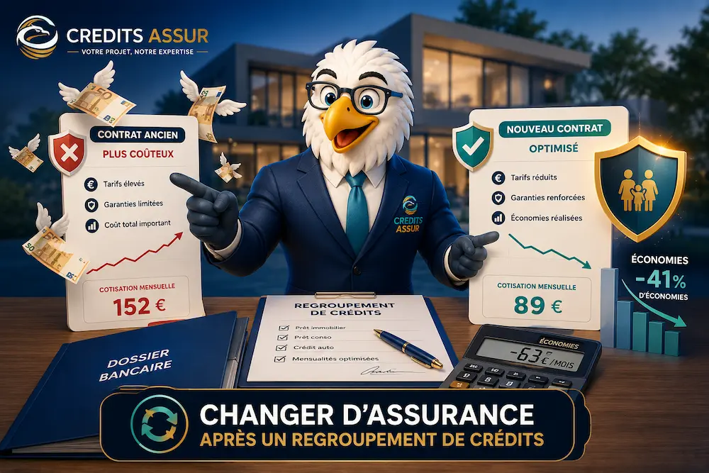 Mascotte CREDITS ASSUR comparant un ancien contrat d’assurance emprunteur coûteux avec un nouveau contrat optimisé après un regroupement de crédits permettant de réaliser des économies.