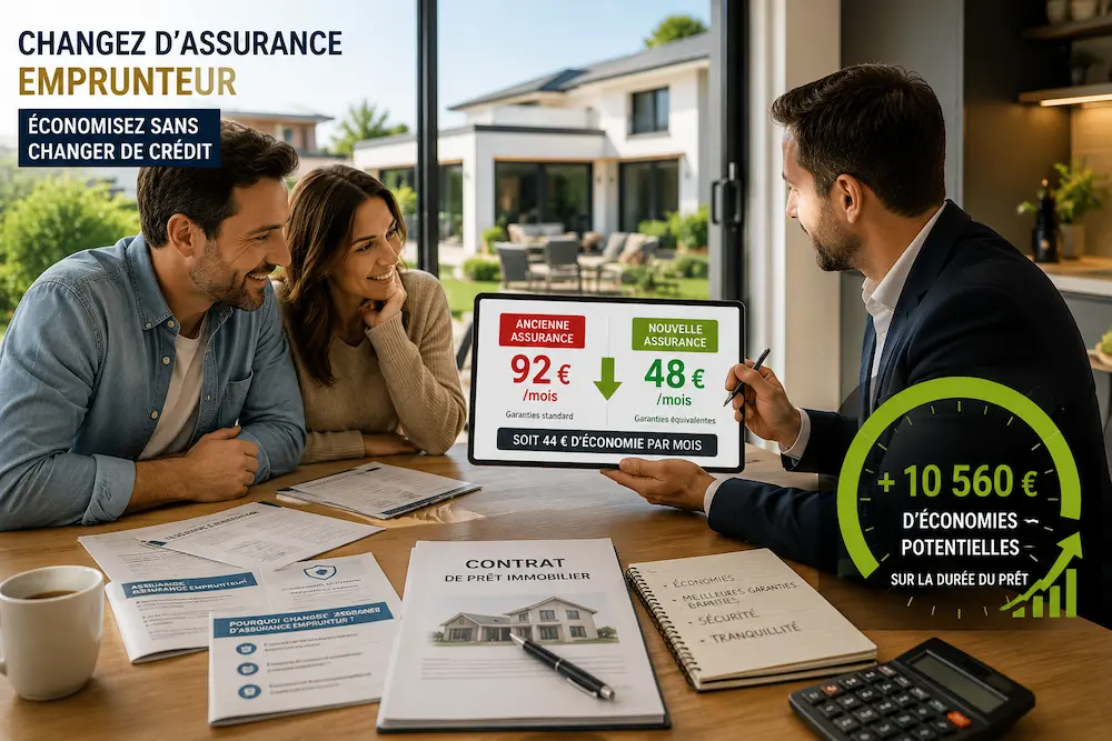 Couple comparant une assurance emprunteur avec un courtier afin de réduire le coût de son prêt immobilier et réaliser des économies.