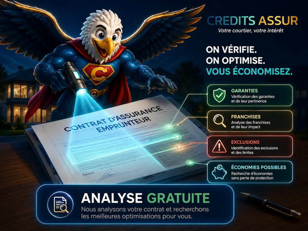 Mascotte CREDITS ASSUR analysant un contrat d'assurance emprunteur afin d'identifier les garanties, franchises, exclusions et économies potentielles.