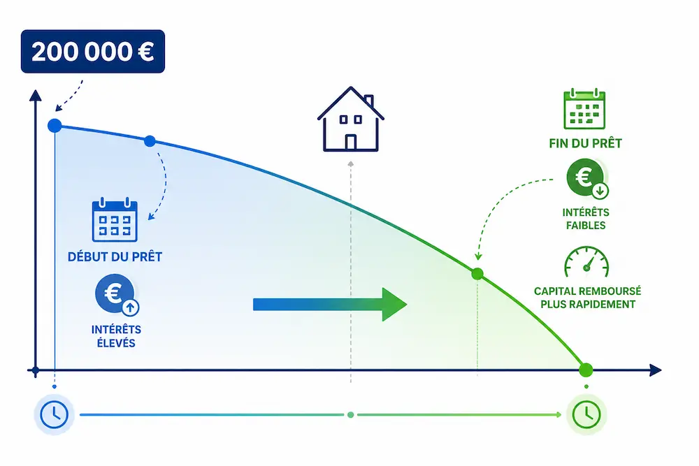 Graphique illustrant l'évolution d'un crédit immobilier avec des intérêts élevés au début du prêt puis un remboursement du capital plus rapide en fin de financement.