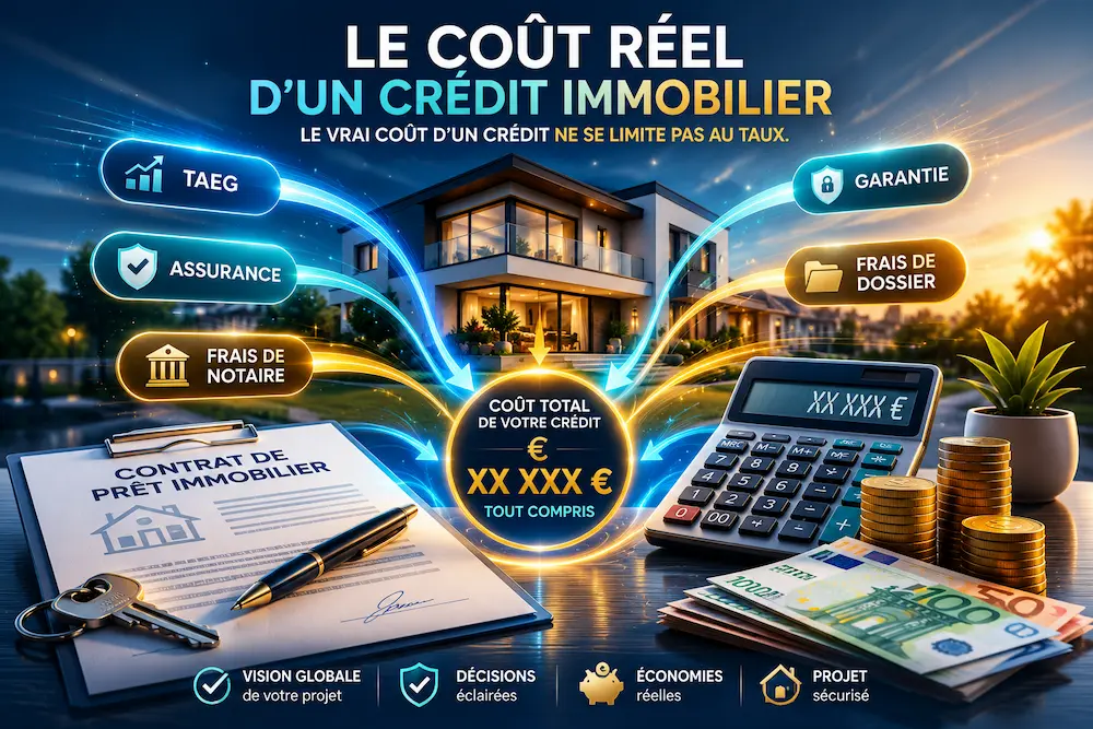 Illustration du coût réel d'un crédit immobilier avec maison, contrat de prêt, calculatrice et détail des frais : TAEG, assurance, frais de notaire, garantie et frais de dossier.