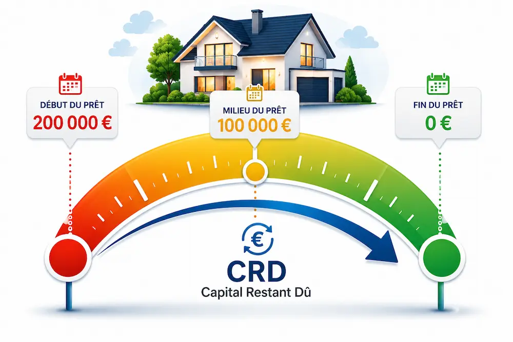 Jauge illustrant l'évolution du capital restant dû d'un crédit immobilier passant de 200 000 € à 0 € jusqu'au remboursement complet du prêt.