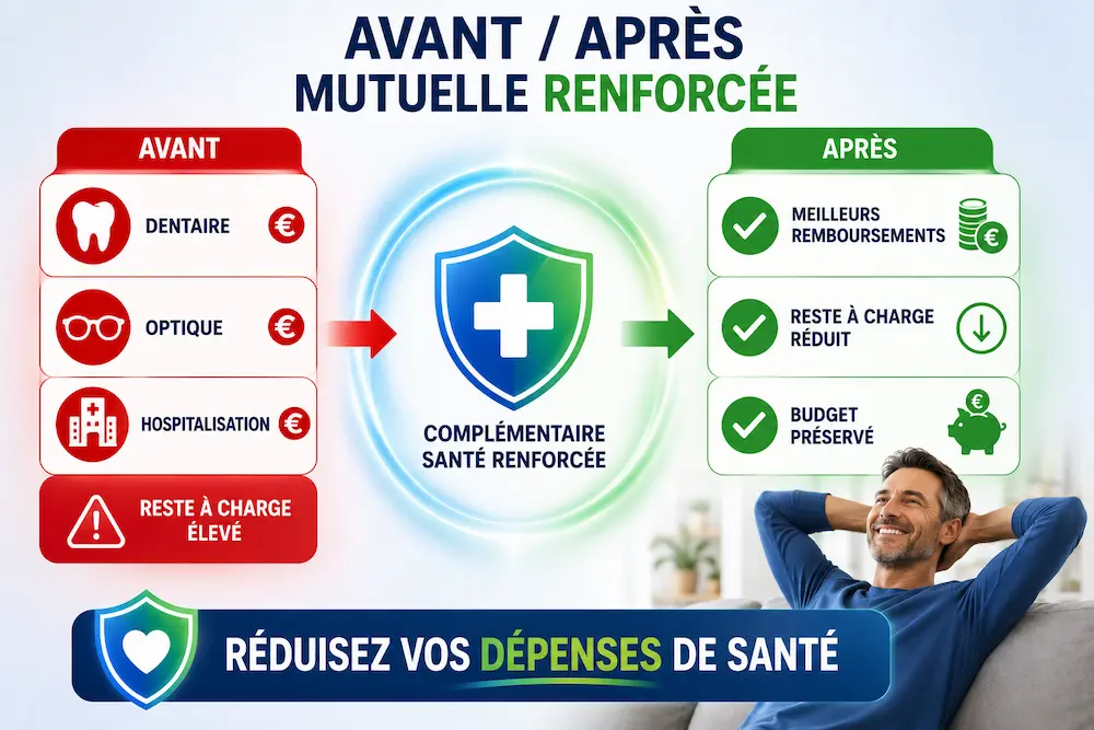 Comparatif avant et après une mutuelle renforcée montrant la réduction du reste à charge en dentaire, optique et hospitalisation.