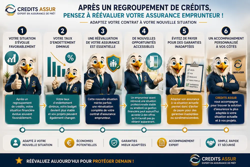 Mascotte CREDITS ASSUR accompagnant un emprunteur à chaque étape de son parcours : achat immobilier, regroupement de crédits, budget stabilisé et assurance adaptée.