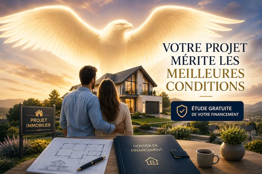Famille devant sa future maison avec une protection symbolique illustrant l'accompagnement et l'étude personnalisée de financement immobilier.