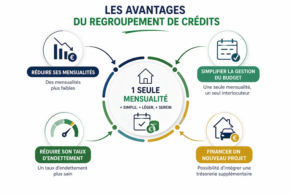 Schéma illustrant les avantages du regroupement de crédits : réduction des mensualités, baisse du taux d'endettement, simplification du budget et financement de nouveaux projets.