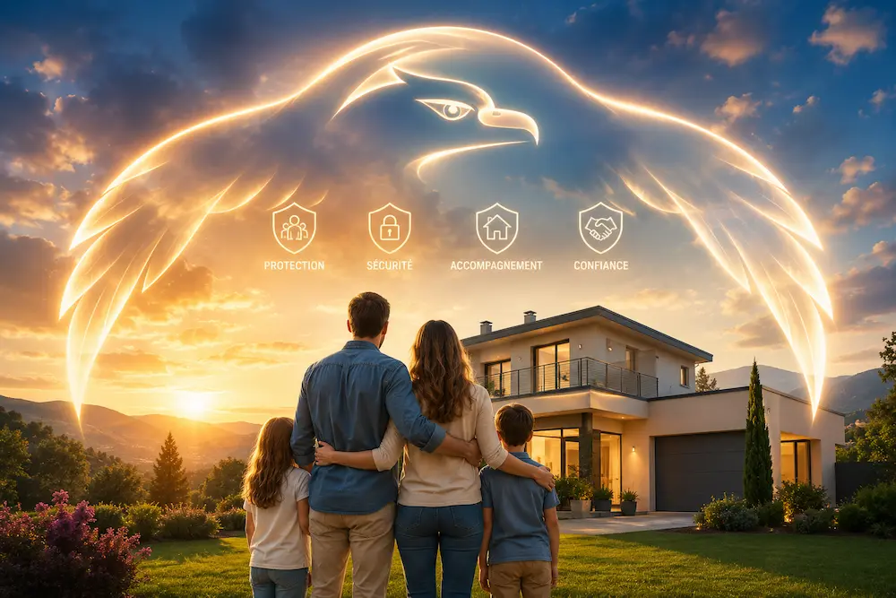Famille protégée devant sa maison sous un aigle symbolisant la protection de l'assurance emprunteur et la sécurité du crédit immobilier.